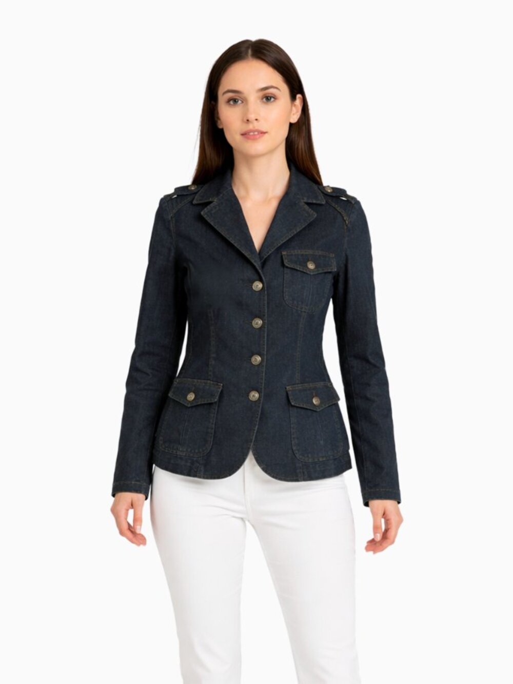Vtg Stretch Denim Cotton Blazer Jacket PS/PM Pocket Y2K Military Office Academia